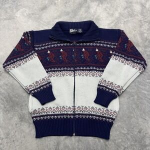 Vintage Blair Mens Small Full Zip Nordic Fair Isle Skiing Bigfoot Sweater Navy